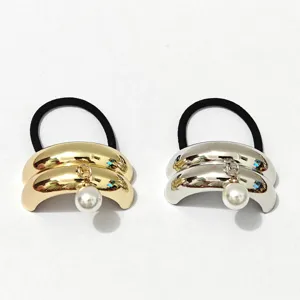 Glossy alloy double arch hair tie with pearl pendant, stylish metallic hair accessory set.