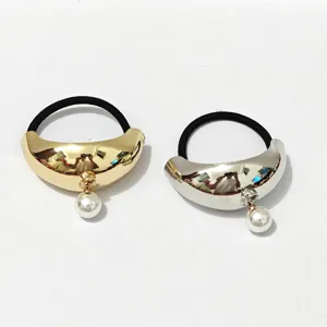 Glossy metal hair tie with pearl pendant, elegant geometric elastic hair band set of two.
