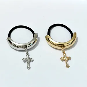 Cross pendant hair tie metal crescent rubber band fashion hair accessory shiny alloy minimalist style
