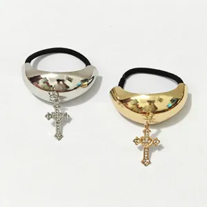 Detailed view of alloy shiny metal hair ties with rhinestone cross pendant, elegant hair accessories.