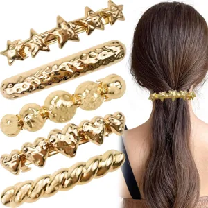 Gold hair clip set featuring stars, hearts, and geometric barrettes for elegant styling.