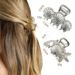 Alloy metal hair claw clip set, shell and starfish design, elegant fashion hair accessories.