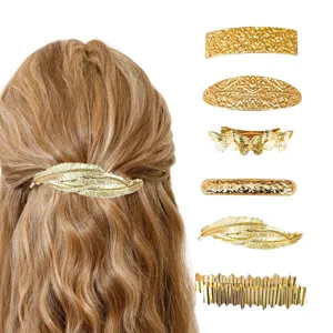 Gold metal hair clip set featuring elegant feather, butterfly and textured barrette designs for women.