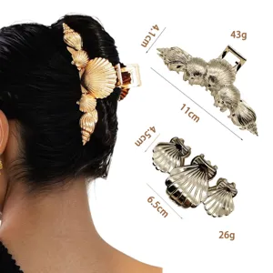 Gold metal seashell hair claw clip set, elegant beach style large shark clip for women and girls.