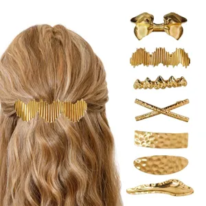 Gold metal hair clip set, elegant geometric hair barrettes and fashion styling accessories.