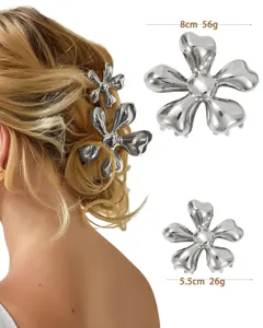 Silver alloy flower hair claw clip set, metal shark clip for women back head hair styling details.