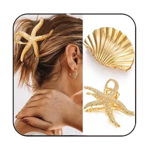 Gold starfish and shell hair claw clip set, elegant alloy hair accessories for women.