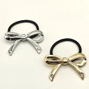Metal bow hair ties set with rhinestones, elegant elastic hair bands for women and girls.