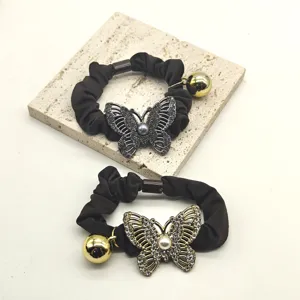 Rhinestone butterfly hair scrunchies with golden bells, dark brown elastic hair ties for women.