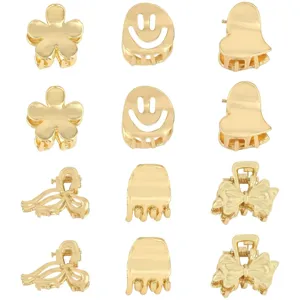 Set of mini gold alloy hair claw clips featuring cute floral and bow designs for women.