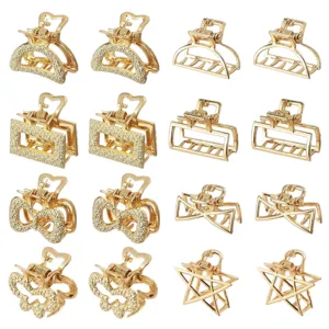 Set of mini gold alloy hair claw clips for women, stylish small geometric hair accessories.
