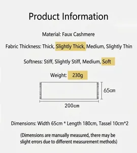 Detailed specification chart showing cashmere-feel scarf size, material, and weight parameters.