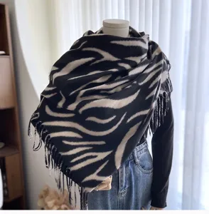 Cozy black and white striped imitation cashmere scarf with fringe detail for women winter warm.