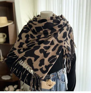 Women's winter imitation cashmere leopard print scarf with tassels warm winter wrap