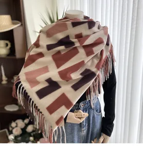 Womens winter warm scarf cashmere feel tassel shawl with abstract print for daily wear