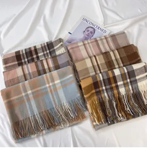 Plaid fringe imitation cashmere scarf for women, classic plaid pattern winter warm shawl.