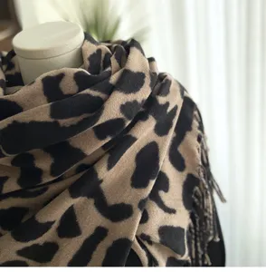 Winter women double-sided leopard print imitation cashmere scarf cozy tassel detail