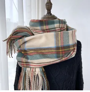 Detailed view of the vintage plaid winter tassel scarf, soft texture and cozy wear.