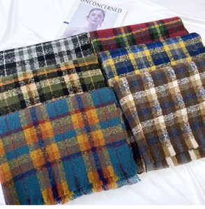 Women's classic plaid winter scarf retro soft cashmere feel fringed shawl cozy neck warmer