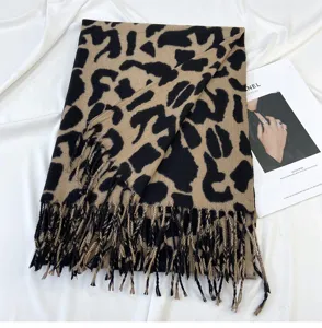 Winter faux cashmere leopard print scarf women fashion warm tassel shawl daily wear winter accessory