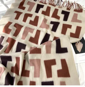 Women winter warm cashmere feel scarf stylish geometric print tassel shawl for cold weather