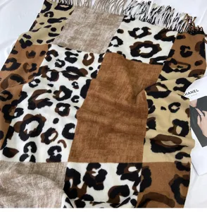 Cashmere feel leopard print color block scarf for women, warm winter fashion tassel shawl.