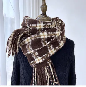 Cozy brown and white plaid winter scarf detail, soft imitation cashmere shawl for cold weather.
