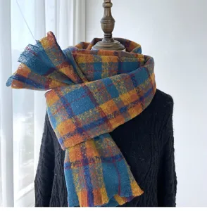 Retro plaid winter scarf for women, soft cozy cashmere feel long shawl neck warmer style.
