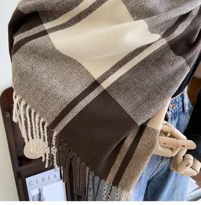 Classic brown beige plaid fringe scarf autumn winter warm imitation cashmere fashion shawl