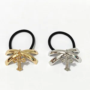 Alloy shiny hair tie with metal cross pendant and bow design, elegant elastic hair band accessories.