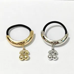 Glossy metal cherry hair tie, alloy curve elastic rubber band, chic stylish hair accessory.