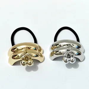 Glossy alloy hair tie with metal curved tube and cute cherry charm, exquisite hair accessory.