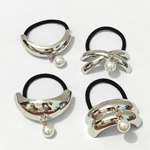 Minimalist silver alloy hair ties with elegant pearl pendants, elastic black hair ropes.