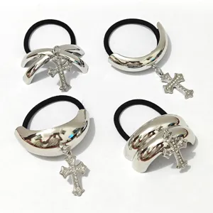 Cross-border fashion glossy alloy hair ties with rhinestone cross pendants for women accessories.