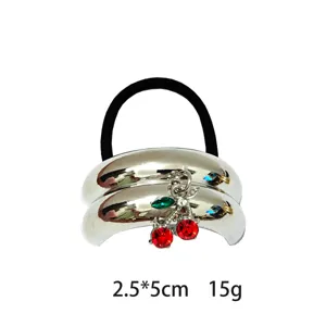 Metallic shiny hair rope with crystal cherry charm, stylish hair accessory 2.5x5cm 15g