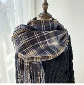 Vintage plaid scarf for women autumn winter warm cozy shawl Korean style versatile neckwear