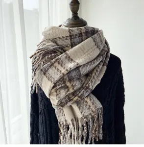 Autumn winter women plaid imitation cashmere scarf warm tassel cozy fashion neck wrap shawl detail