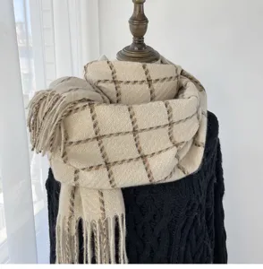 Women winter plaid scarf, thick warm cashmere-feel tassel shawl for cold weather daily wear