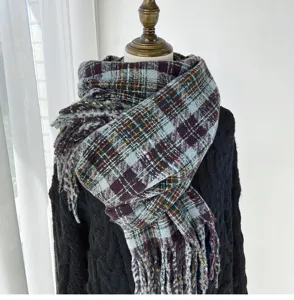 Cozy winter plaid scarf for women, thick cashmere-feel shawl, stylish warm neck wrap for daily wear.