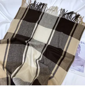 Classic plaid scarf for women, cozy winter tassel shawl, elegant brown and beige wrap.