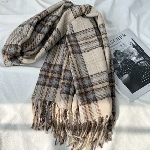 Plaid imitation cashmere scarf detail view, elegant autumn and winter warm fringe shawl design.