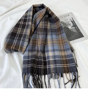 Autumn winter vintage plaid scarf women warm tassel cozy soft fashion neck wrap