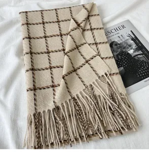 Cozy beige plaid tassel scarf for women winter, soft warm cashmere feel wrap shawl.