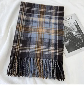 Detailed view of a classic plaid winter scarf with cozy fringe, elegant and warm design.