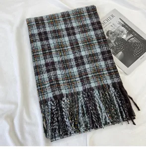 Blue brown plaid winter scarf with tassel, thick warm cashmere-feel cozy scarf for women.
