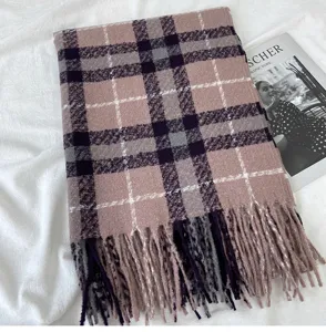 Women winter retro plaid scarf detail view, thick warm winter tassel shawl for daily wear.
