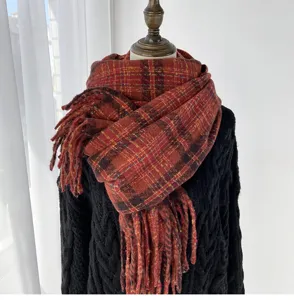 Thickened plaid cashmere-feel scarf detail showcasing warm winter style and soft fringe trim.