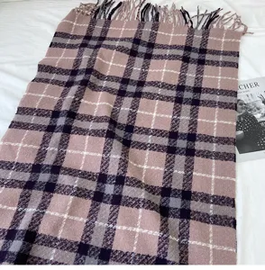 Women winter warm plaid scarf, thick tassel cashmere feel shawl, stylish retro grid neck wrap