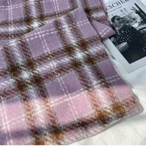 Cozy purple plaid cashmere-feel winter scarf detail view, elegant warm shawl for women.