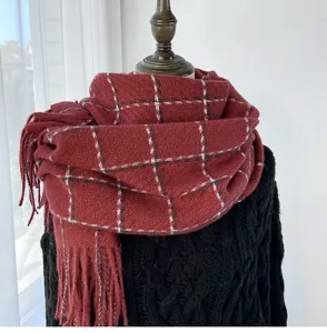 Winter thick warm red plaid cashmere feel scarf for women tassel fringe wrap detail view